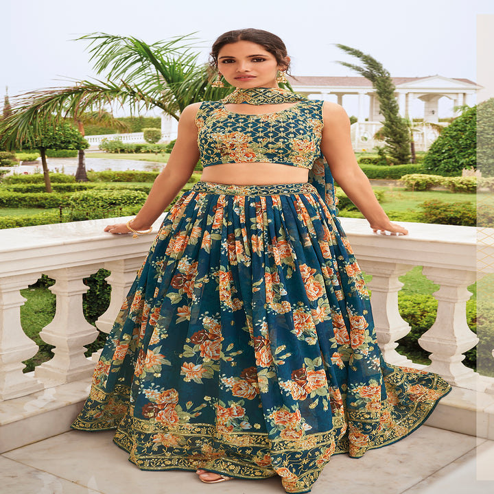 Elegant Blue Designer Printed Lehenga Choli