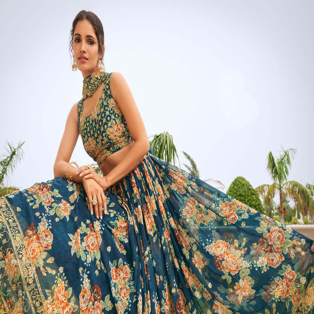 Elegant Blue Designer Printed Lehenga Choli