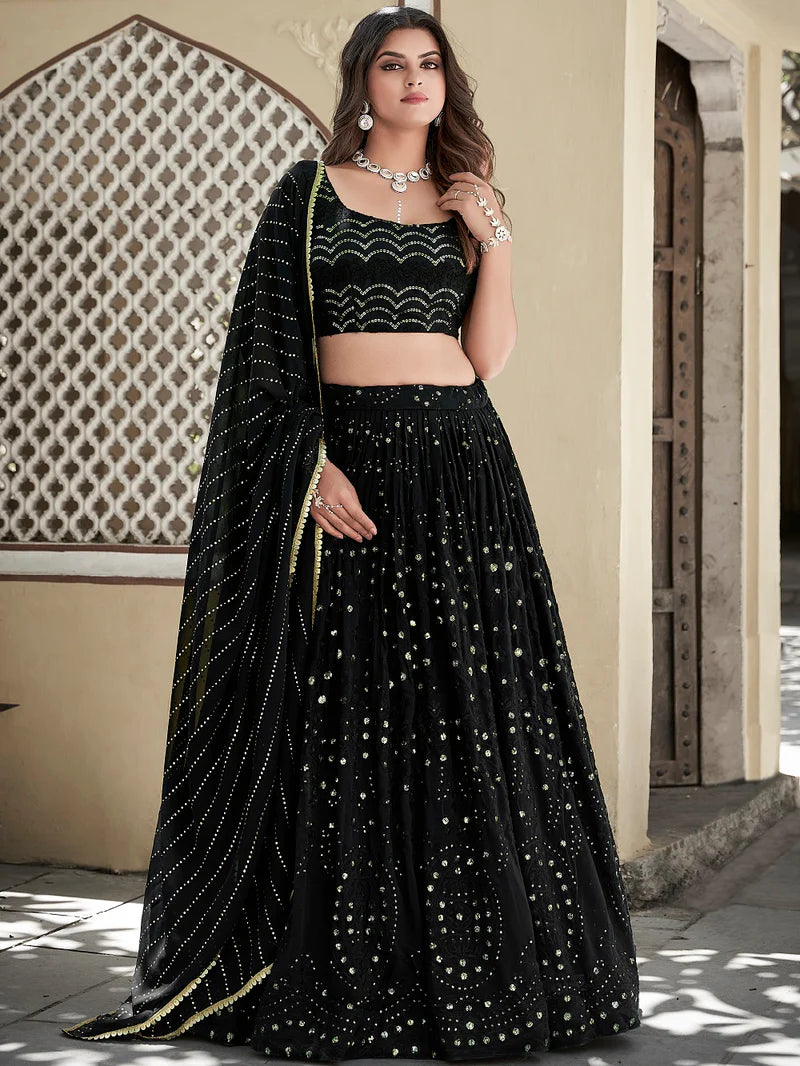 Elegant Black Georgette Partywear Lehenga