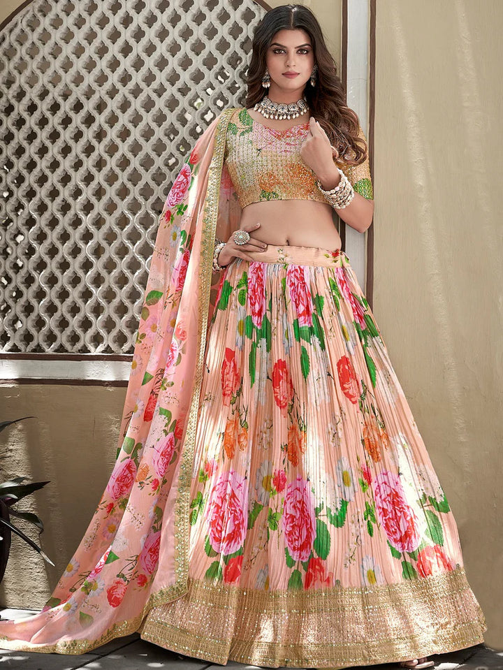 Captivating Peach Crushed Chinon Lehenga Choli