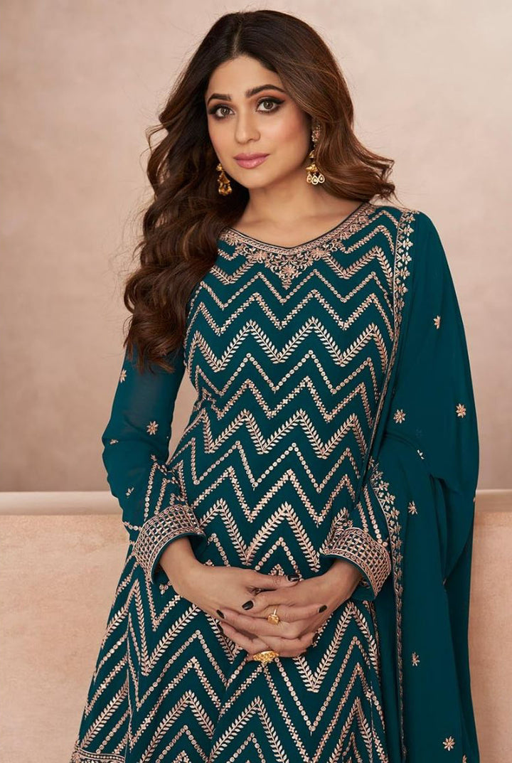 Readymade Elegant Rama Green Palazzo Salwar Kameez