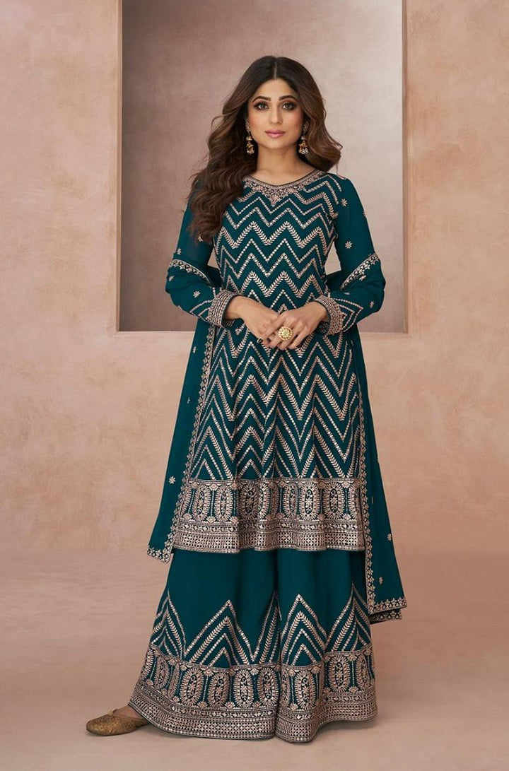 Readymade Elegant Rama Green Palazzo Salwar Kameez