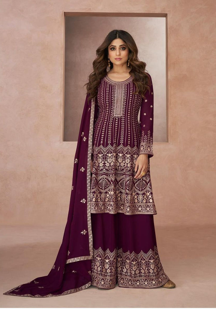 Readymade Wine Elegance Palazzo Salwar Kameez
