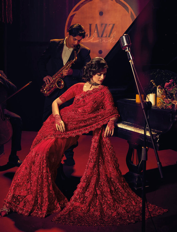 Latest Exquisite Red Maroon Designer Sarees