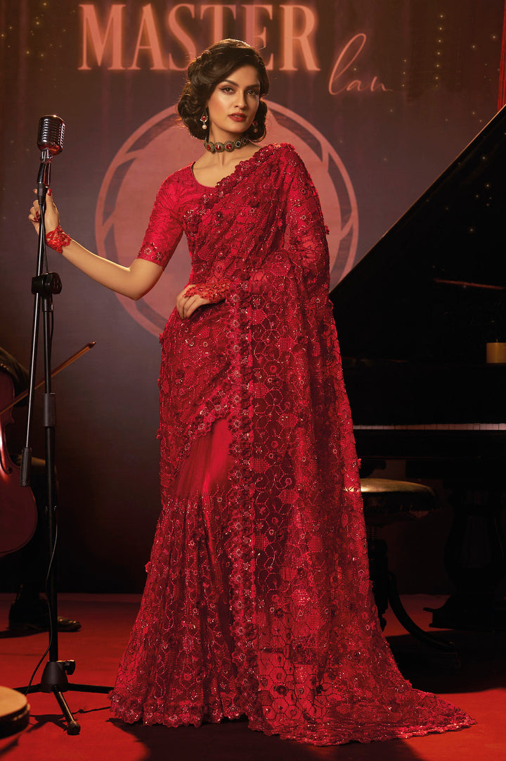 Latest Exquisite Red Maroon Designer Sarees