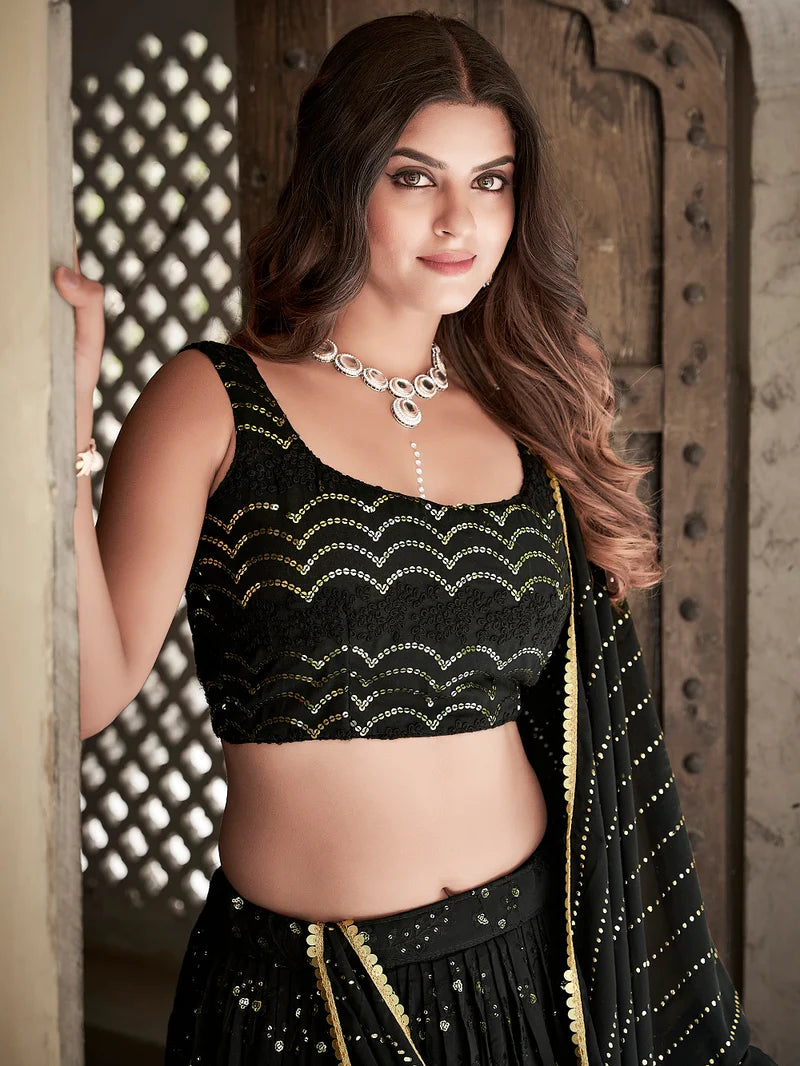 Elegant Black Georgette Partywear Lehenga