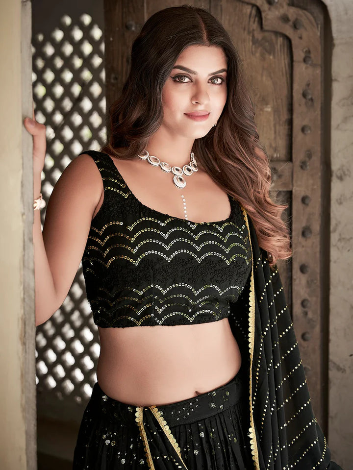 Elegant Black Georgette Partywear Lehenga