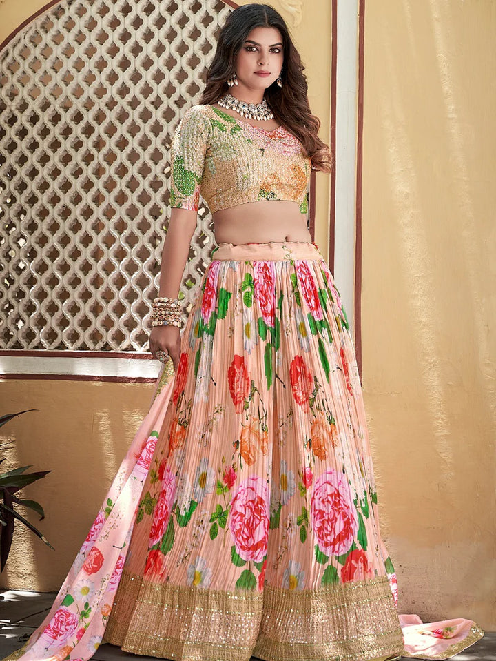 Captivating Peach Crushed Chinon Lehenga Choli