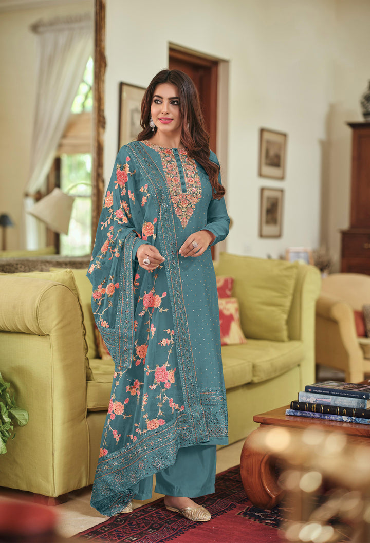 Readymade Dusty Blue Designer Salwar Kameez