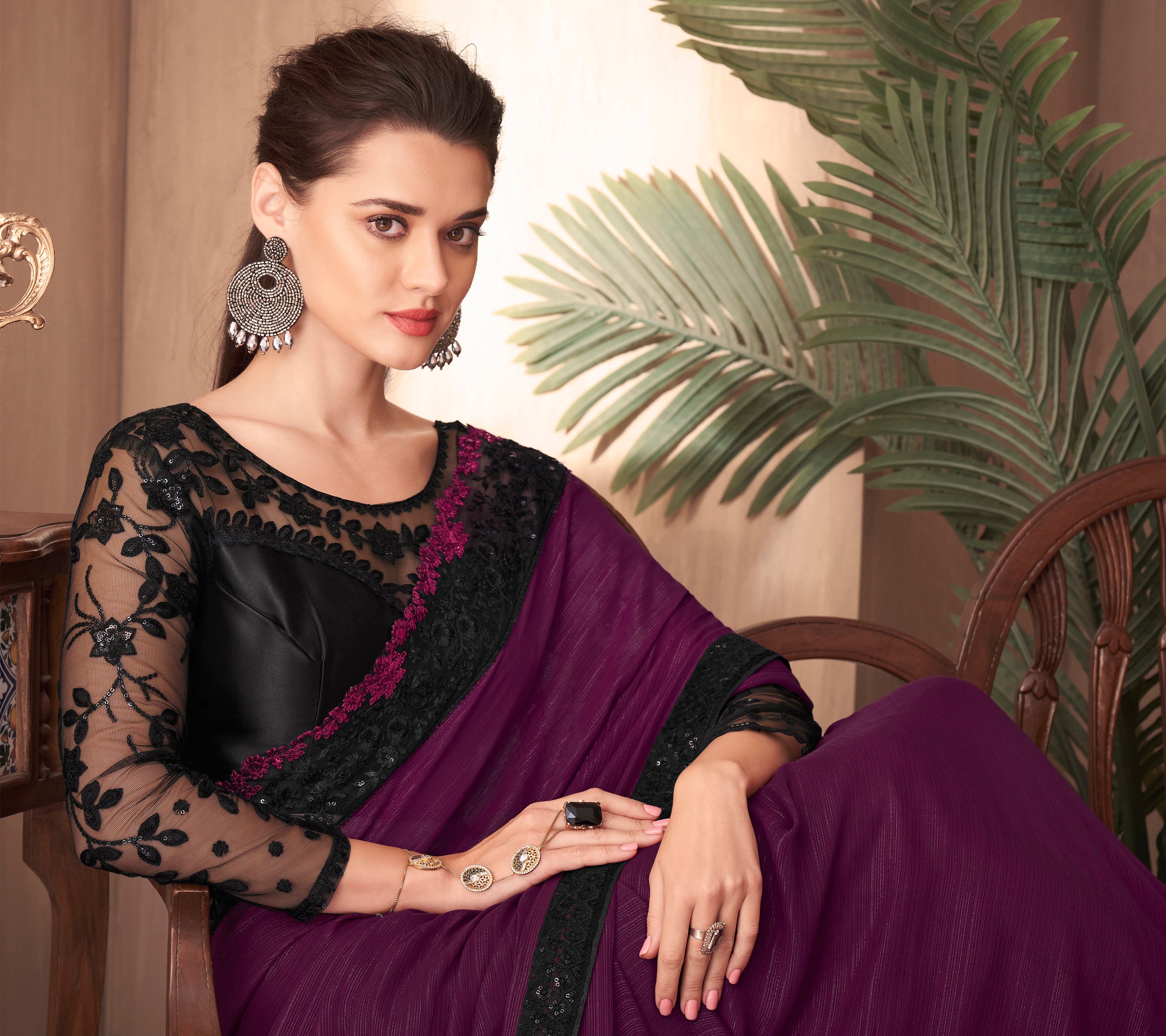 Embellished Satin Chiffon Saree in Dark Purple : SCBA4729