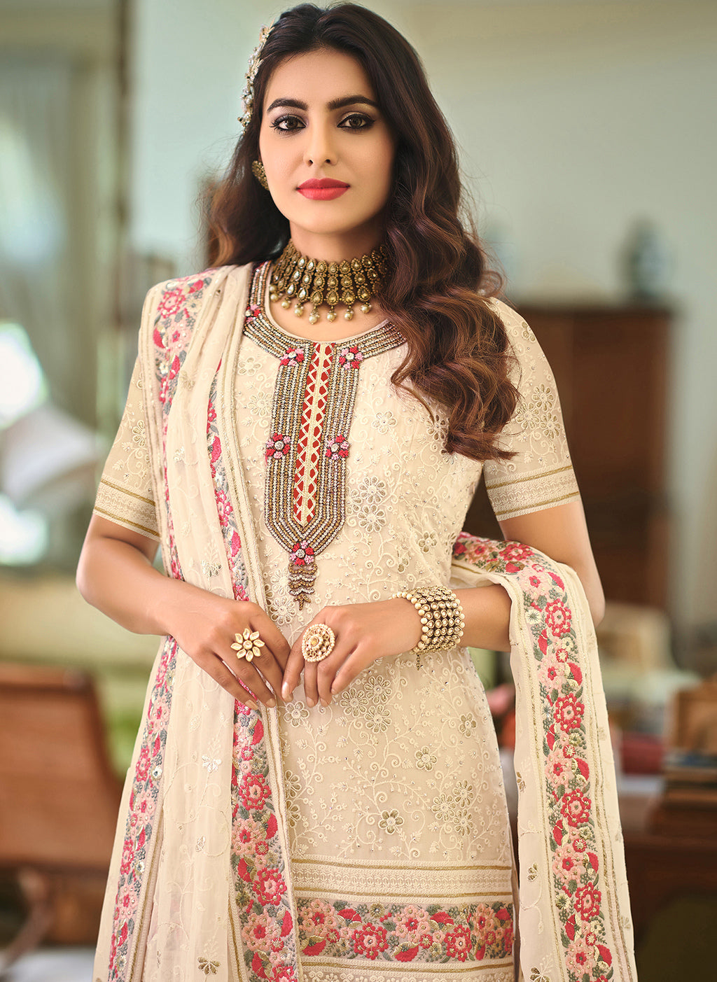 Readymade Off White Designer Salwar Kameez