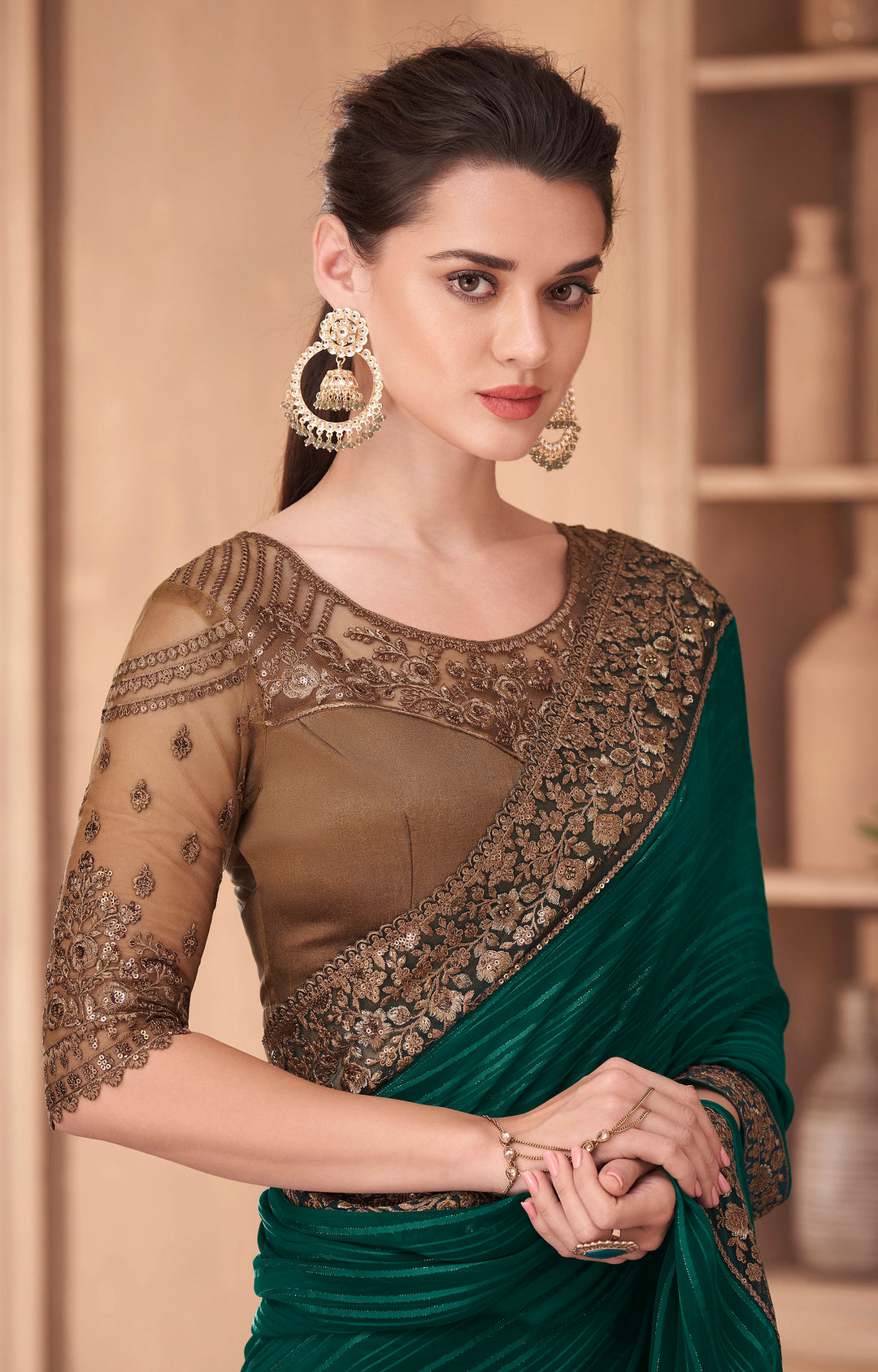 Exquisite Brown-Green Silk Embroidery Saree