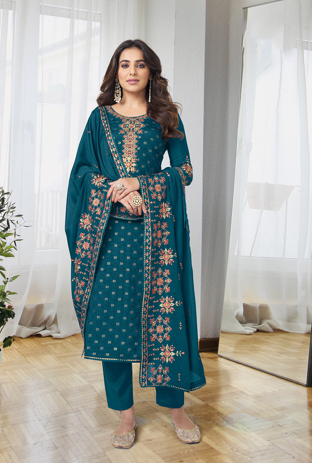 Readymade Elegant Rama Green Designer Salwar Kameez