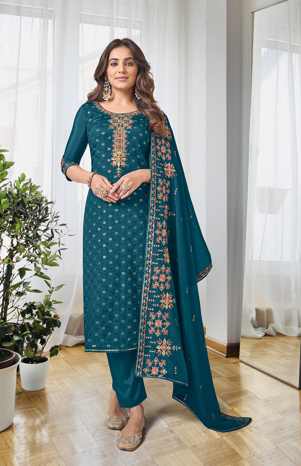 Readymade Elegant Rama Green Designer Salwar Kameez