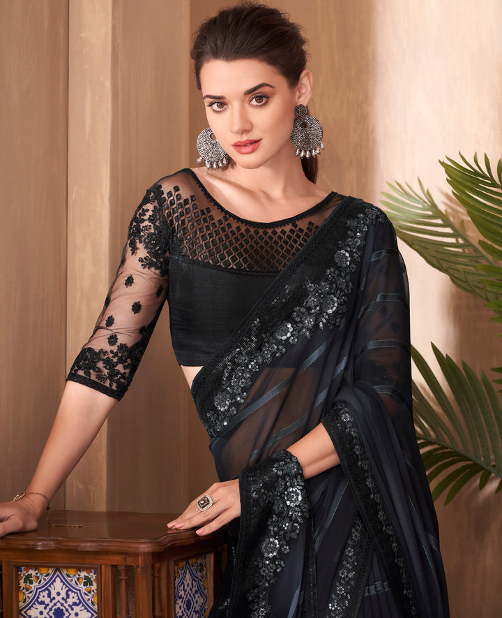 Exquisite Black Silk Embroidery Deigner Saree