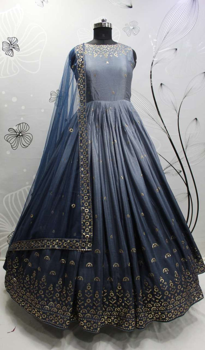 Elegant Grey-Blue Designer Partywear Gown