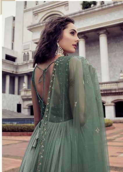 Elegant Pista Green Designer Partywear Gown