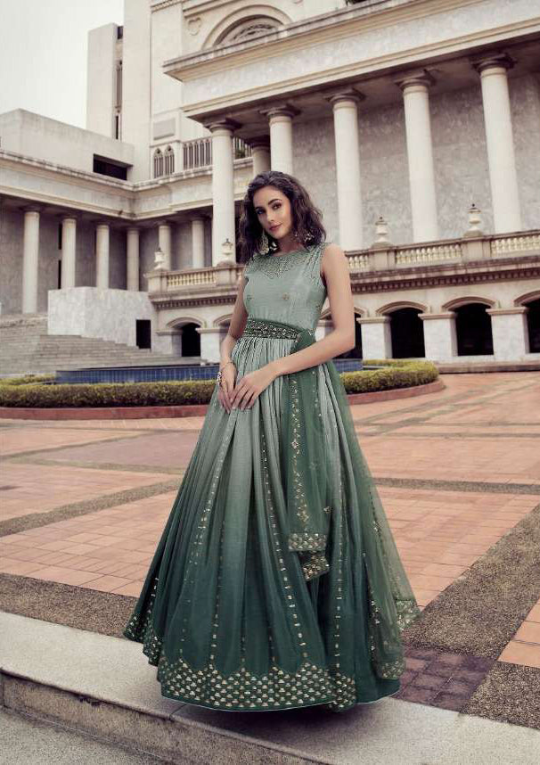 Elegant Pista Green Designer Partywear Gown