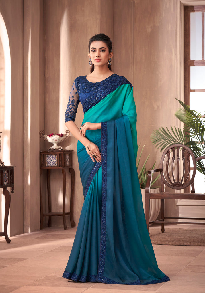 Stunning Stylish Blue Silk Embroidery Saree