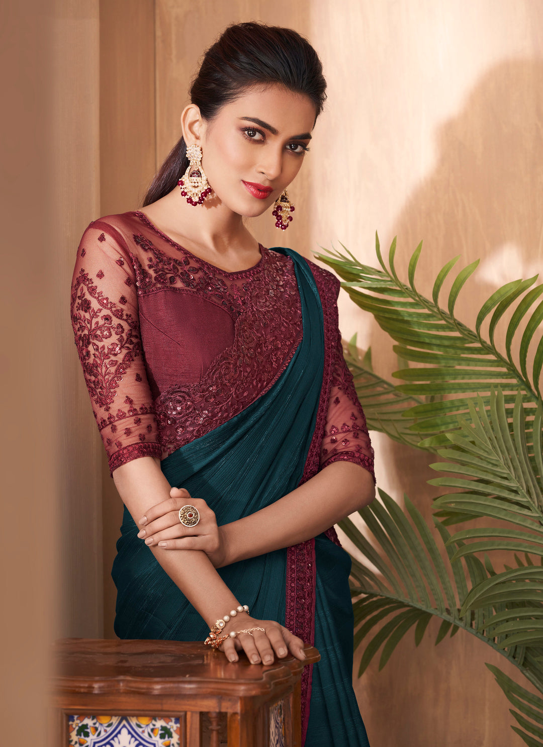 Exquisite Maroon-Blue Silk Embroidery Saree