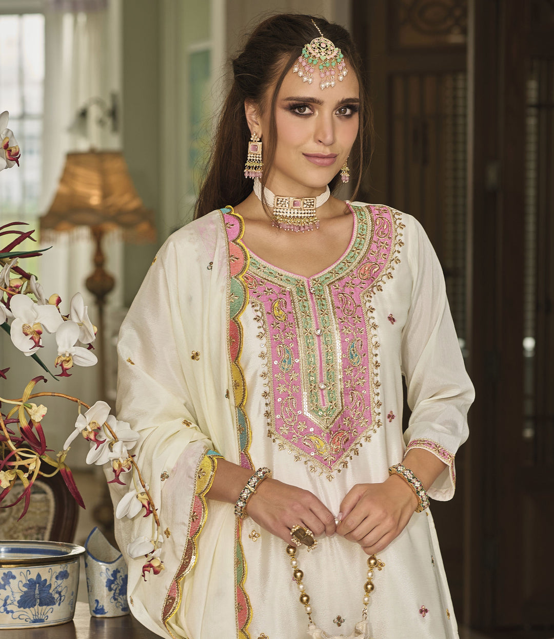 Readymade Elegant White Designer Palazzo Type Salwar Kameez