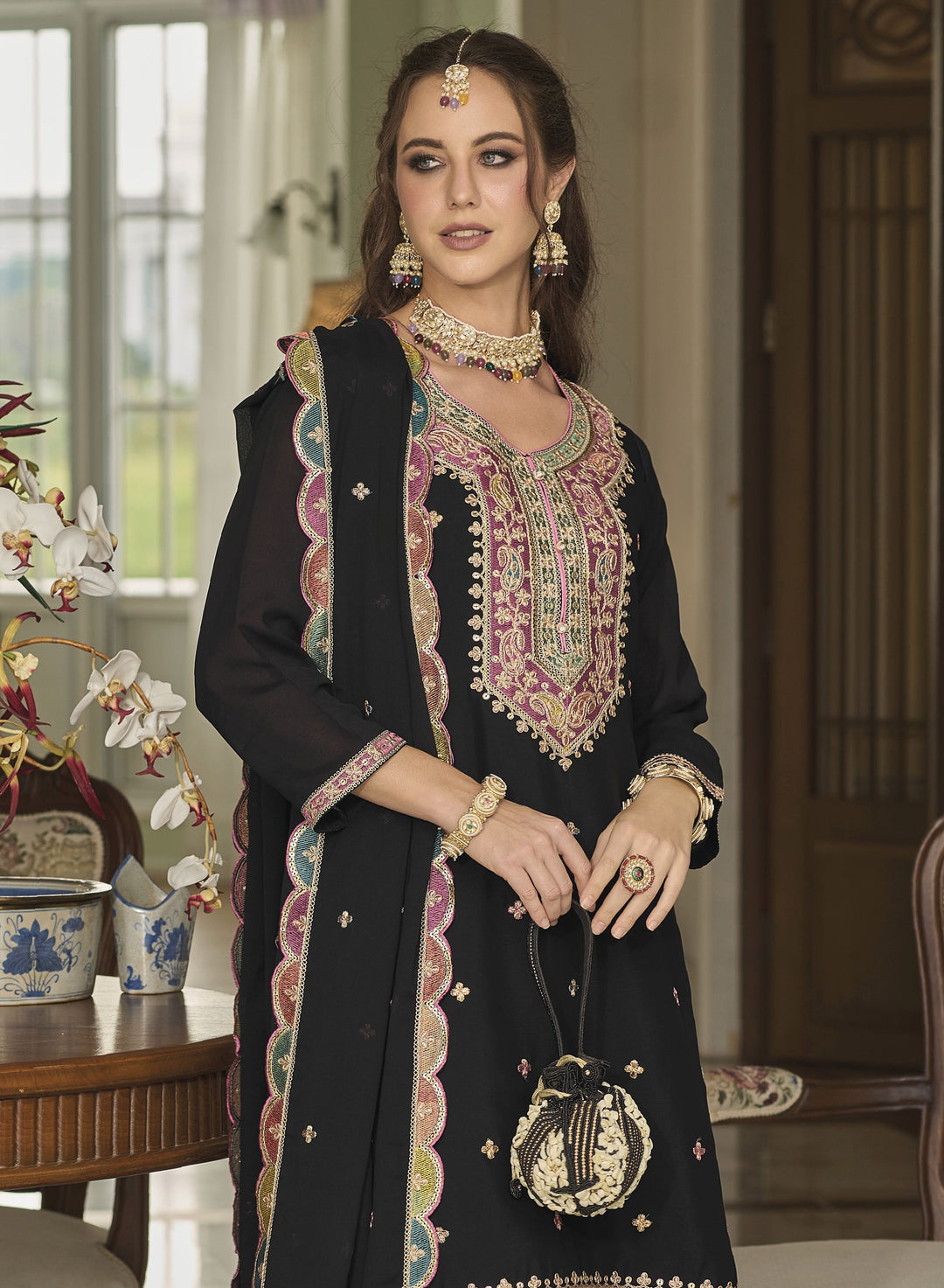 Readymade  Elegant Black Designer Palazzo Type Salwar Kameez