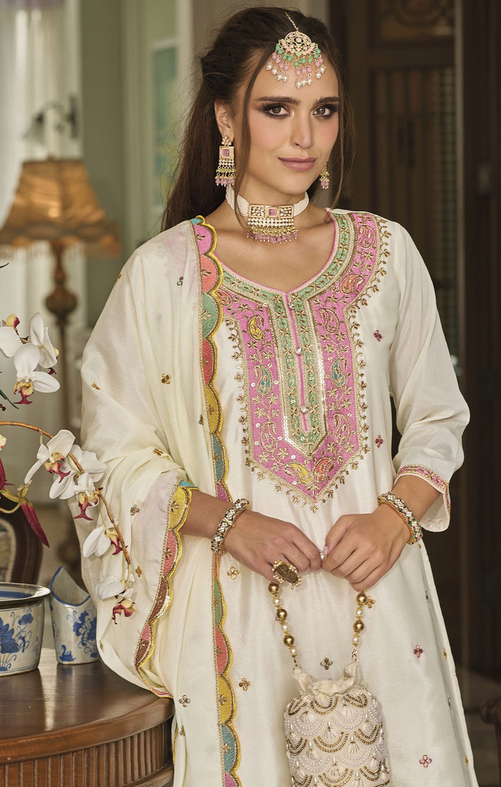 Readymade Elegant White Designer Palazzo Type Salwar Kameez