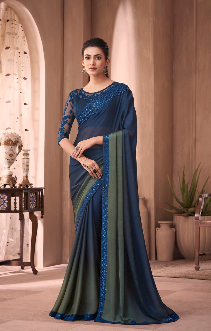 Exquisite Jade Blue Indian Silk Embroidery Saree