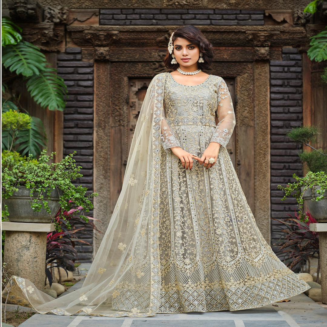 Graceful Grey Designer Gown Anarkali Suit