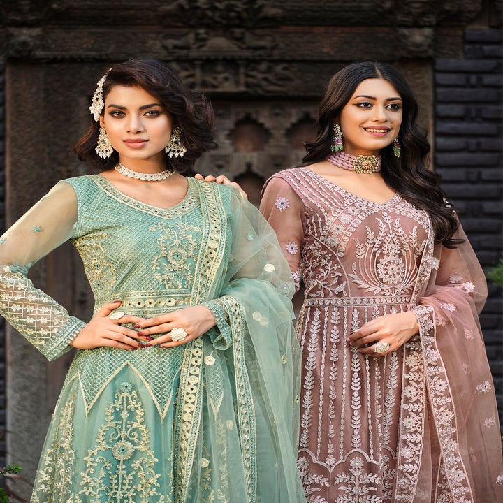 Captivating Cyan Designer Gown Anarkali Suit