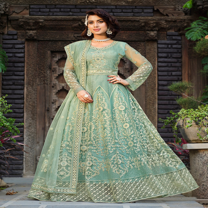 Captivating Cyan Designer Gown Anarkali Suit