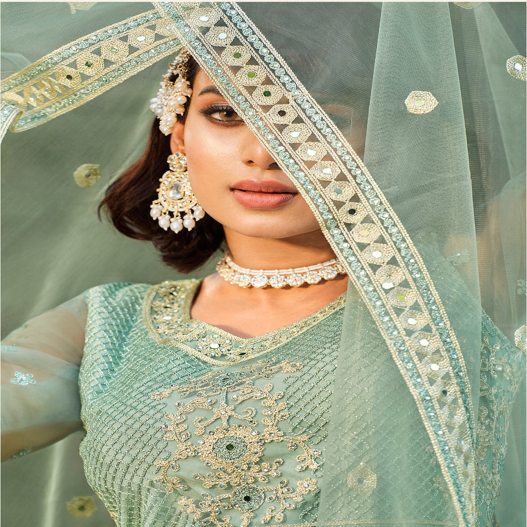 Captivating Cyan Designer Gown Anarkali Suit