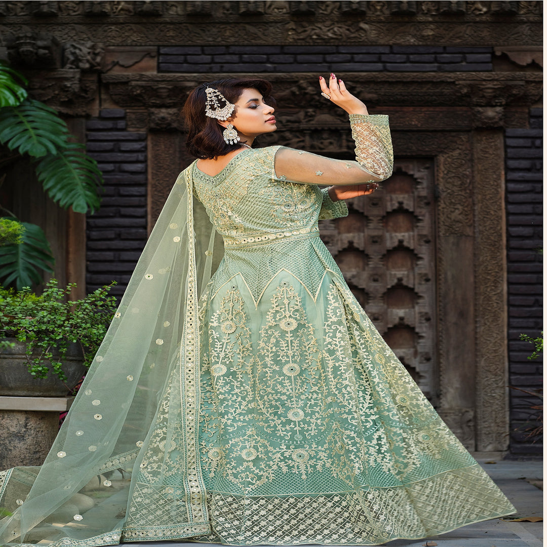 Captivating Cyan Designer Gown Anarkali Suit