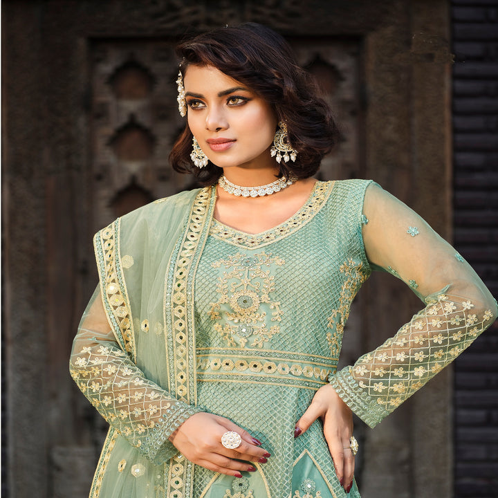 Captivating Cyan Designer Gown Anarkali Suit