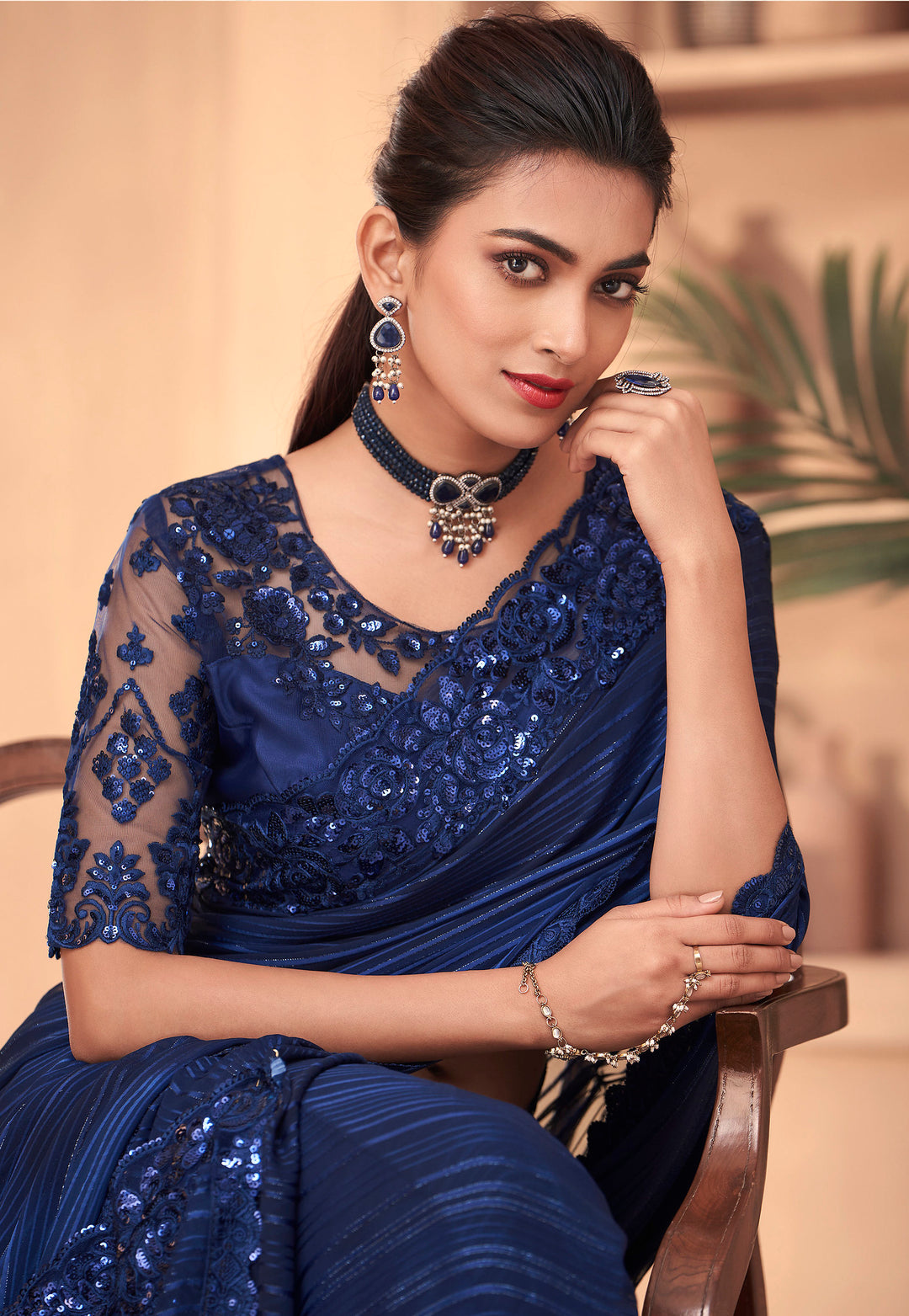 Exquisite dark blue Silk Embroidery Saree