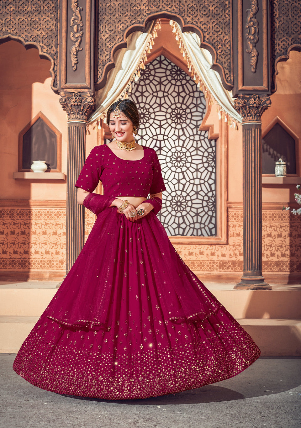 Dark Pink Georgette Indian Partywear Lehenga Choli