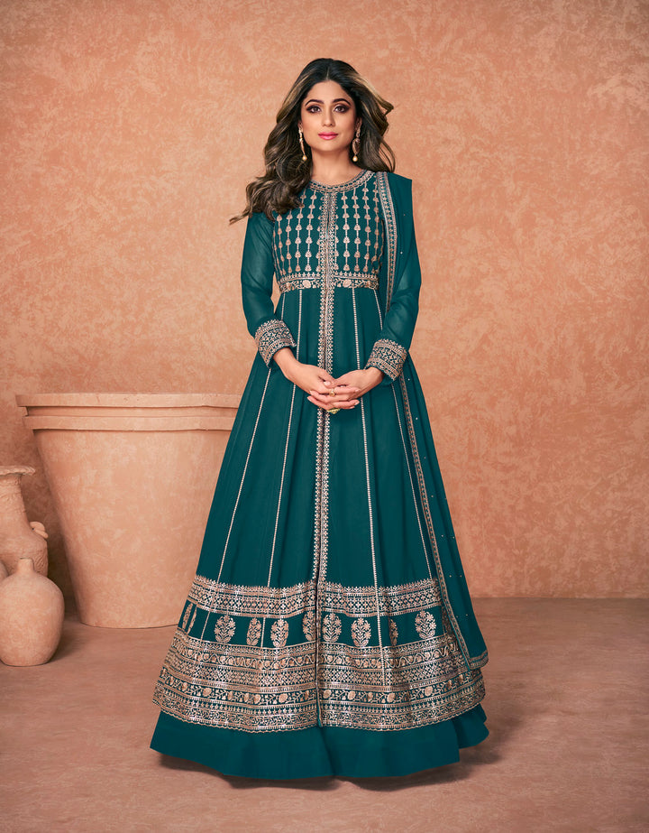 Stunning Sky Blue Stitched Anarkali Suit