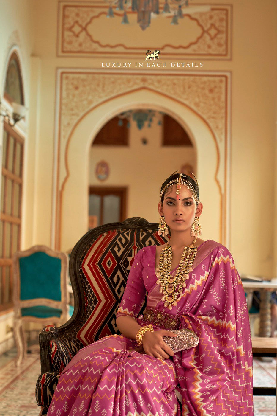 Indian Patola Silk Saree in Dark Pink