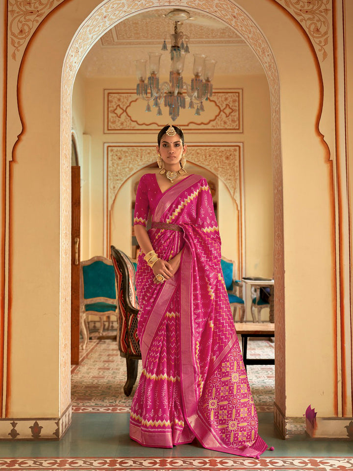 Indian Patola Silk Saree in Dark Pink