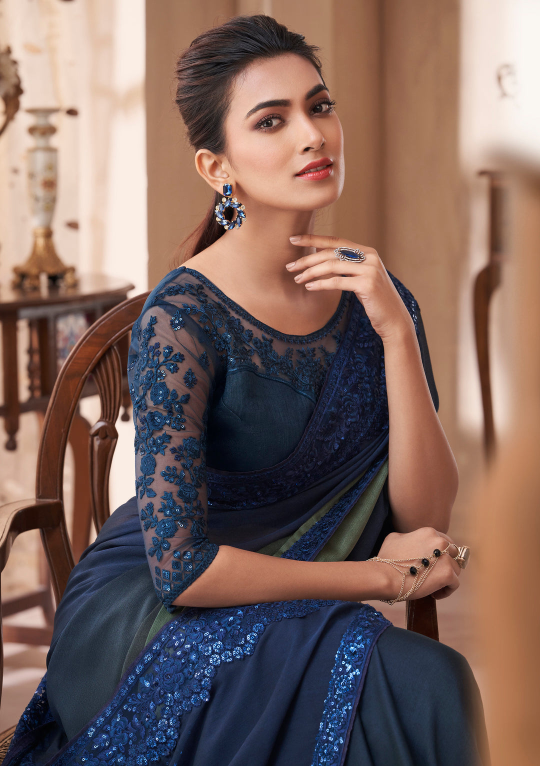 Exquisite Jade Blue Indian Silk Embroidery Saree