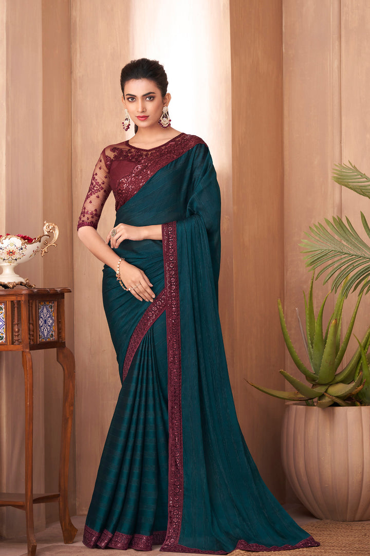 Exquisite Maroon-Blue Silk Embroidery Saree