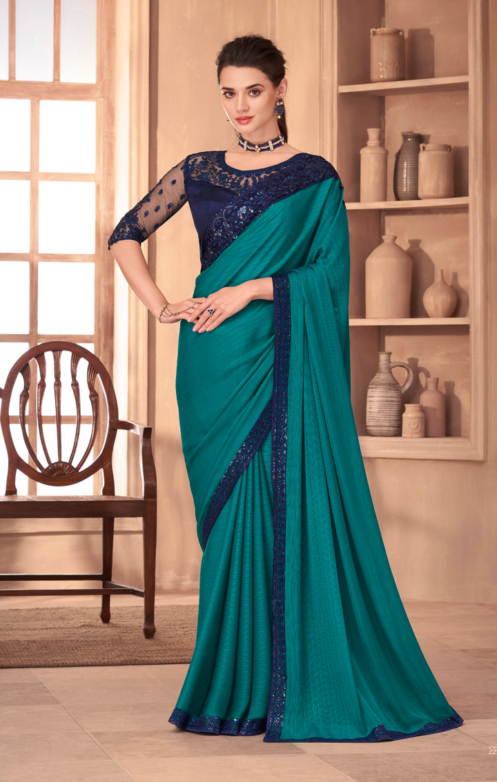 Exquisite Blue Silk Embroidery Saree