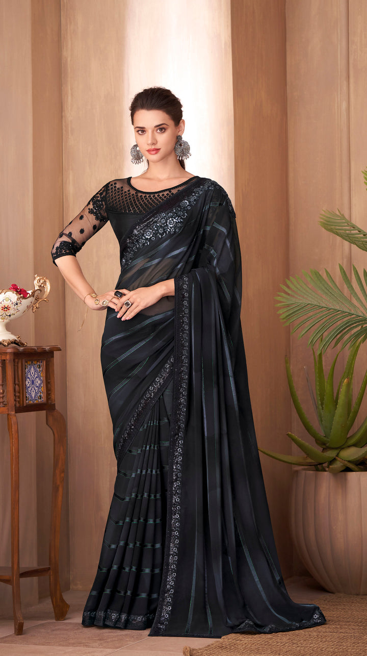 Exquisite Black Silk Embroidery Deigner Saree