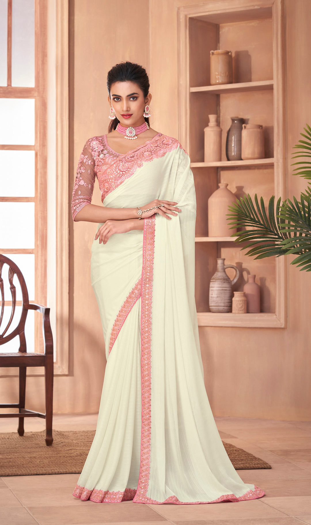 Exquisite White-Pink Silk Embroidery Saree