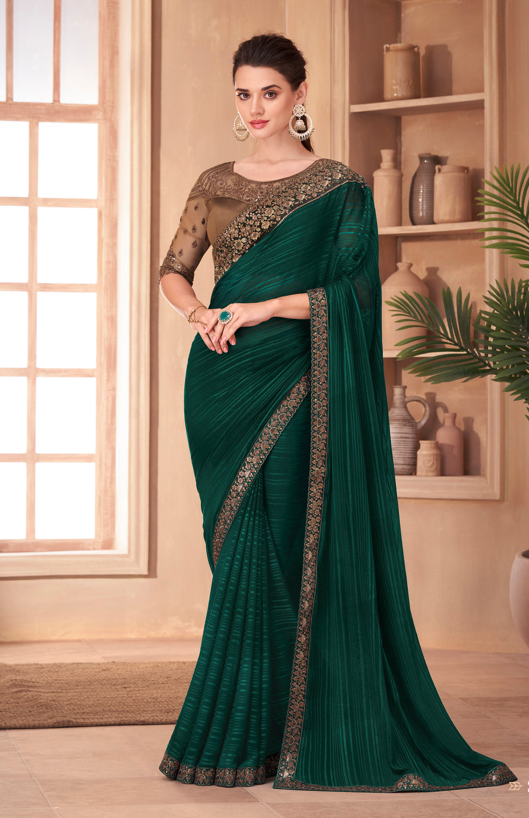 Exquisite Brown-Green Silk Embroidery Saree