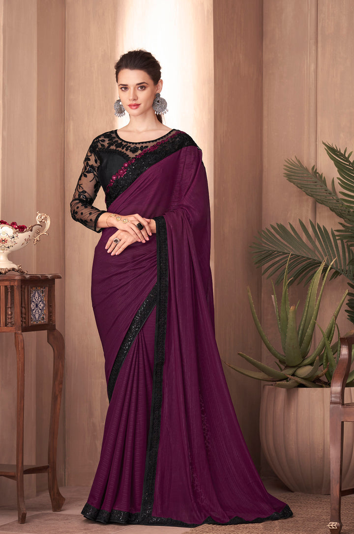 Exquisite Purple Black Silk Embroidery Saree