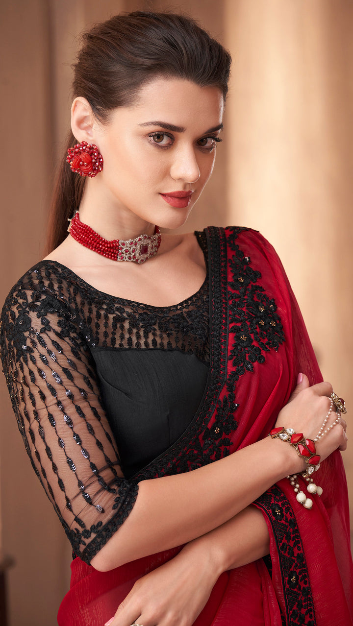 Exquisite Black-Red Silk Embroidery Saree