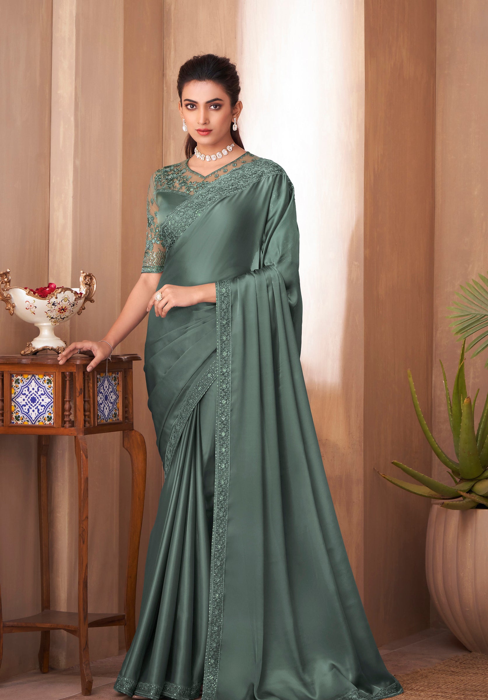 Sky Blue Silk Embroidery Saree | Ethnic Gallery