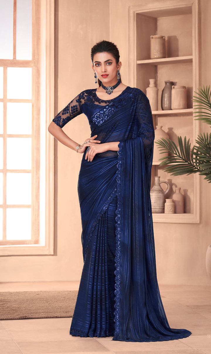 Exquisite dark blue Silk Embroidery Saree