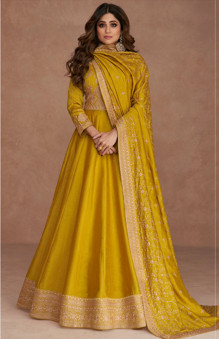 Designer Premium Silk Yellow Anarkali Suits